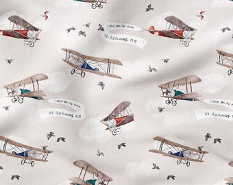 Vintage Airplane Cotton Fabric by the Yard, Aviation Nursery Digital Print, Planes Sewing Quilting Fabric