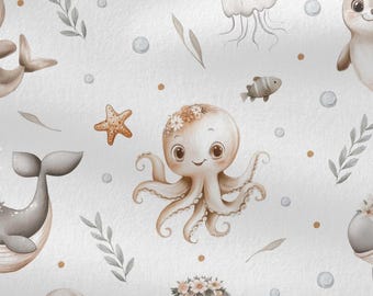 Ocean Creatures Cotton Fabric by the Yard, Under the Sea Digital Print, Nautical Sewing Quilting Fabric