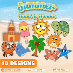 Könnte beinhalten: Ein digitales Grafikset mit dem Titel Summer Build It Bundle mit 10 Motiven, darunter eine Sandburg, ein Eis am Stiel, eine Sonne mit Brille, eine Schildkröte, ein Krebs, ein Wal, eine Palme, ein Kugelfisch, ein weiterer Krebs und ein Seestern.