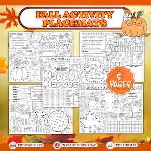May include: A set of five printable fall activity placemats featuring black and white line art designs. The pages include word searches, mazes, dot-to-dot puzzles, and trivia games with themes like pumpkins, gnomes, squirrels, and autumn leaves.