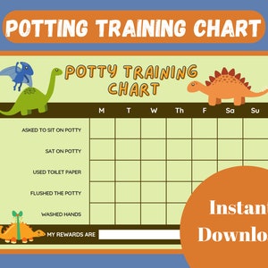 May include: A green and orange dinosaur-themed potty training chart with a grid for tracking progress. The chart includes a list of potty training milestones, such as "asked to sit on potty", "sat on potty", "used toilet paper", "flushed the potty", and "washed hands". There is a space for "my rewards are" at the bottom of the chart.