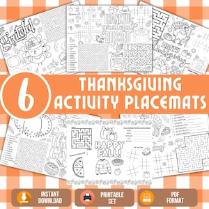 May include: A set of six Thanksgiving activity placemats with various puzzles, mazes, and word searches. The placemats feature festive illustrations and the phrases "Grateful," "Thankful, Blessed," and "Happy Thanksgiving." The set is available as an instant download.
