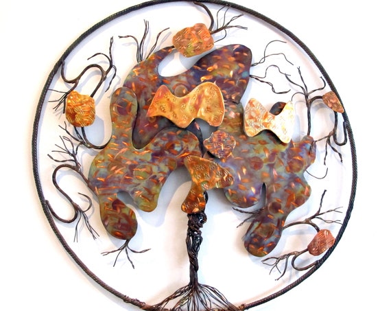 Copper wall art panel, a flame painted 3D tree of life, with a 18 inches diameter , the wall art is protected with 3 layers of polymer.