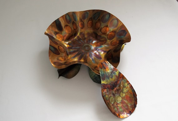 Flame painted copper bowl and spoon, finished with polyurethane protection, fire coloring, Torch colored bowl and spoon.