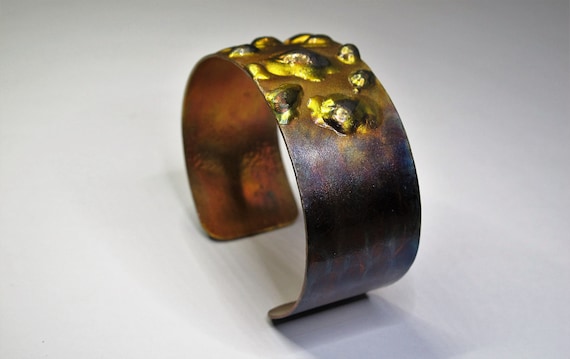 Copper Bracelet flame painted, purple hue. The cuff is flame painted with a torch and covered by a protective coat, fire painting,