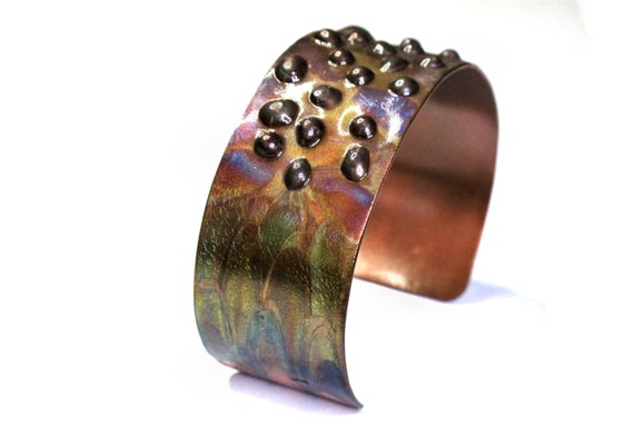 Copper Bracelet flame painted, purple hue. The cuff is flame painted with a torch and covered by a protective coat, fire painting,