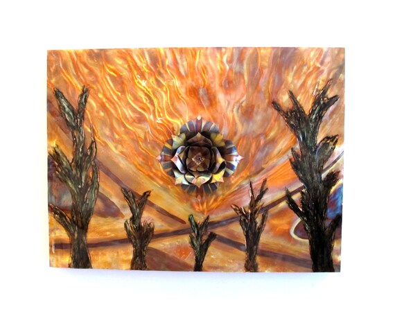 Copper Flame painting portrait, the copper sheet was textured with a grinder before being flame painted.