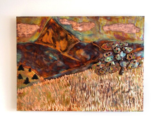 Flame painting on copper wall art. the copper was grinded before flame painted.