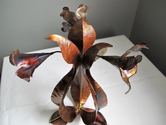 Flame painted centerpiece decorative object. Copper sculpture.