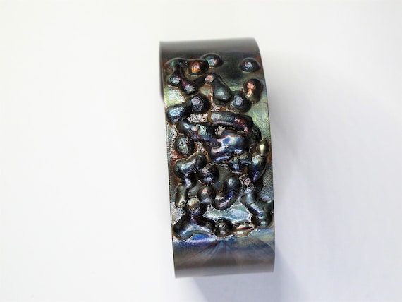 Copper Bracelet flame painted, purple hue. The cuff is flame painted with a torch and covered by a protective coat, fire painting,