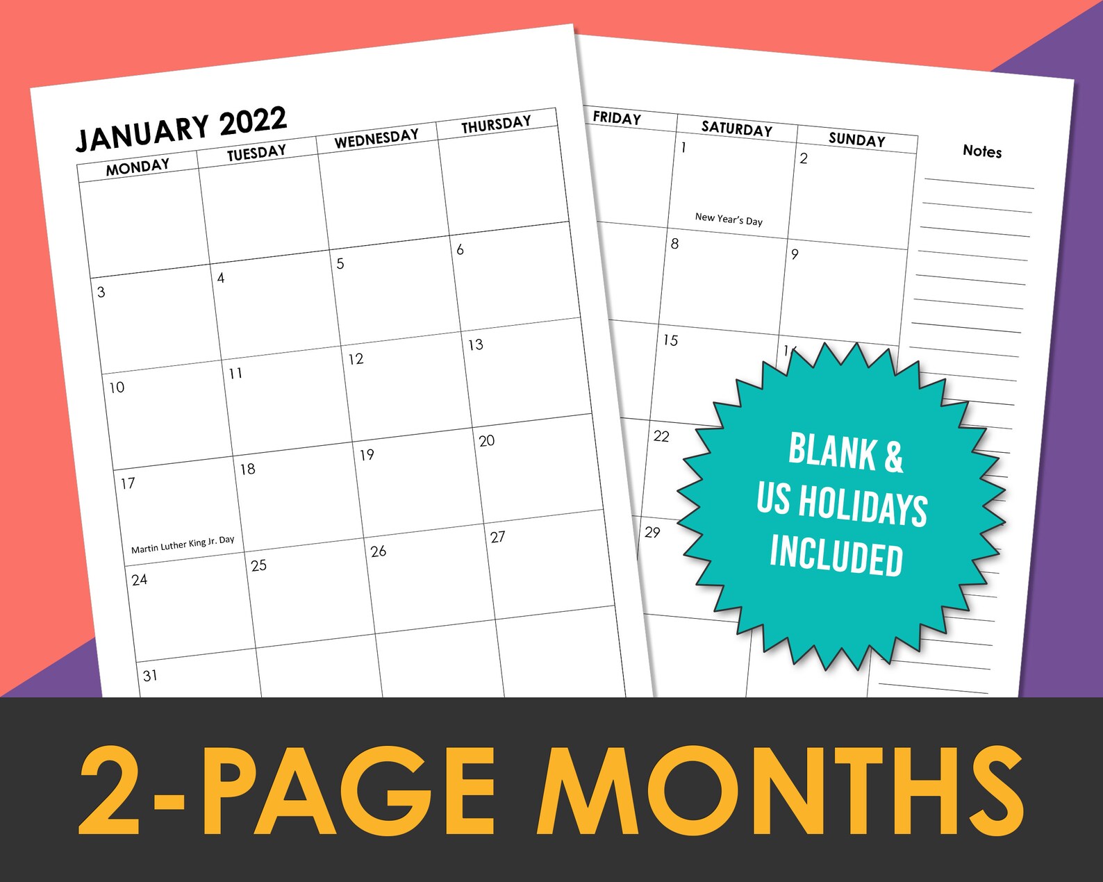 2022 Monthly Calendars and Year-At-A-Glance with Event List // | Etsy