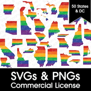 Gay Pride Rainbow Striped States // Canva Compatible SVG // Print-Ready PNG (Solid and Distressed) // Licence commerciale
