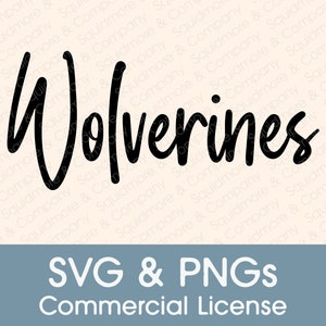 Op de afbeelding: Zwart-witte tekstafbeelding die "Wolverines" zegt met een blauwe achtergrond en de tekst "SVG & PNGS Commercial License" in wit.