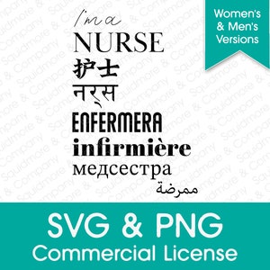 May include: Black and white text graphic that reads "I'm a NURSE" in English, Chinese, Hindi, Spanish, French, and Russian. The text is in a bold, sans-serif font. The graphic also includes the text "SVG & PNG Commercial License" in a teal blue box.