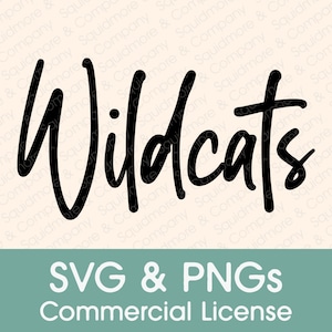 May include: Black and white text graphic that says "Wildcats" in a handwritten style. The text is on a light beige background. Below the text is a teal blue rectangle with white text that says "SVG & PNGS Commercial License".