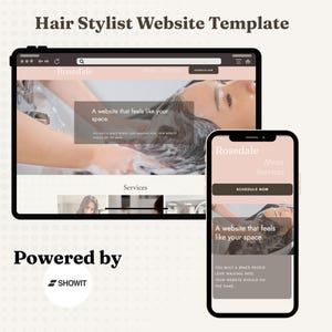 May include: A digital website template for a hair stylist displayed on a tablet and a smartphone. The design features a soft pink color palette, the text Rosedale, and the phrase A website that feels like your space. The Showit logo is visible.