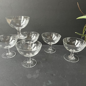 May include: Set of six clear champagne coupe glasses. Each glass features a starburst design etched into the bowl. The glasses are displayed on a dark surface, with a plant in the background.