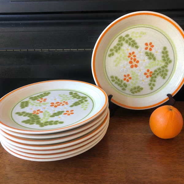 Papaya by Franciscan Dinner Plates - Rare Stoneware Floral Dishes - Vintage Retro Kitsch Orange Green White Flowers - Dinner Party