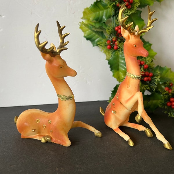 Celluloid Plastic Reindeer Retro Christmas Decoration PAIR Holiday Decor Hard Plastic Deer