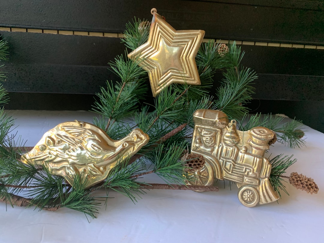 Brass Christmas Tree Ornaments Star Peace Dove Train Retro Set Etsy