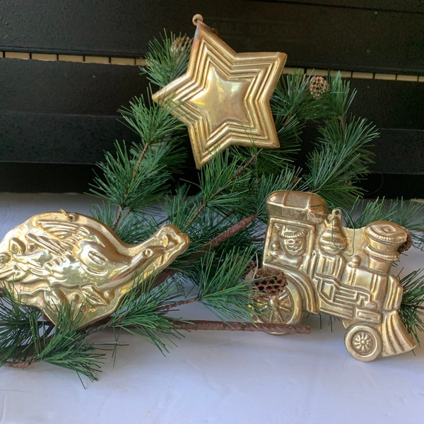 Brass Christmas Tree Ornaments Star Peace Dove Train Retro Set of 3 Holiday Decor Brass Decoration Ornaments