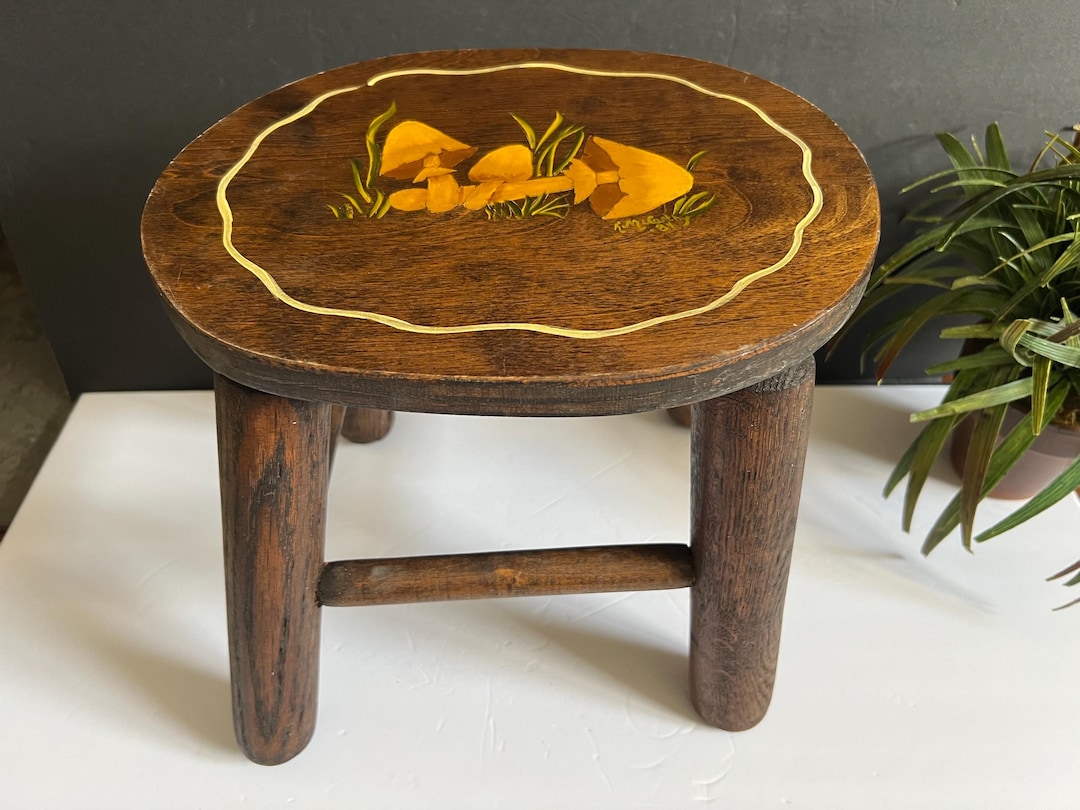 Wood Plant Stand Stool Hand Crafted Foot Stool With Painted Mushroom ...