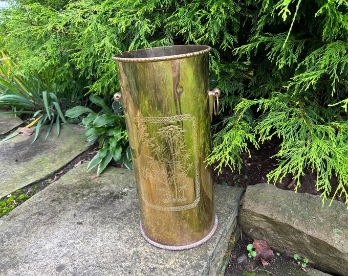 Brass Umbrella Stand Etched Scene Tall Brass Holder Foyer Etsy