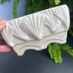 May include: A glossy off-white ceramic planter featuring a raised relief pattern of multiple scallop shells along the exterior. The vessel has a scalloped base edge and a smooth, uniform finish across its entire surface, showcasing a coastal design.