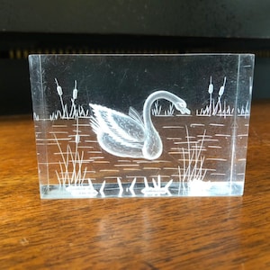 Swan Etched Paperweight  Resin Lucite Paper Weight Vintage Retro Home Office Decor Paperweight