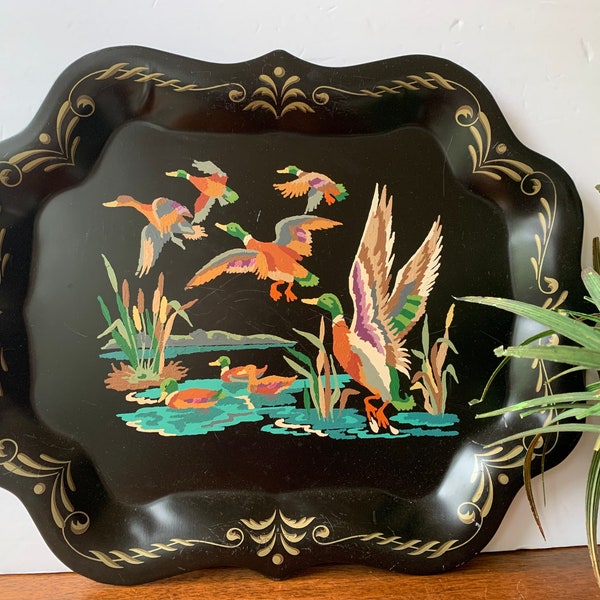 PBN Duck Tray Vintage Hand Painted from Kit Flock of Mallards 1950s Toile Style Serving Metal Tray