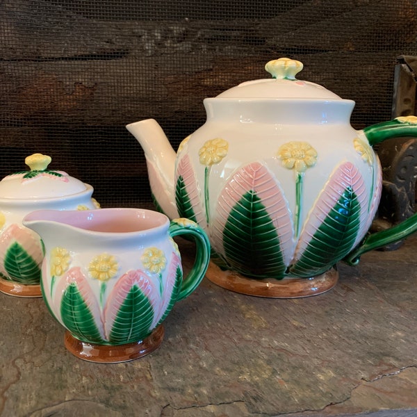 Takahashi Ceramic Tea Pit Creamer and Sugar Bowl Collectible Tea Service Hand Painted in San Francisco 3 Piece Tea Pot
