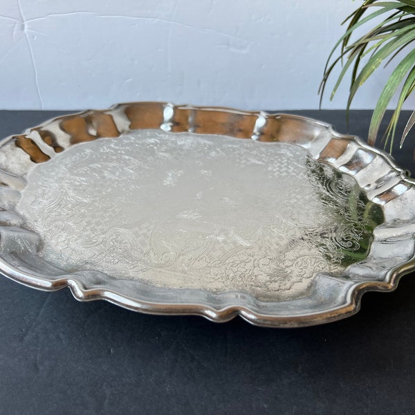 Silver Vanity Tray or Serving Tray Footed Vintage Art Deco Victorian Style Scallop Edge  Bedroom Dressing Tabletop Jewelry Vanity Tray