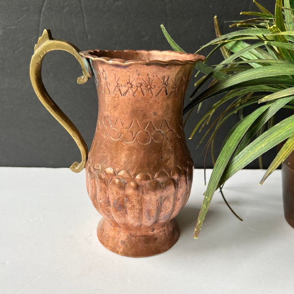 Vintage Egyptian Copper Pitcher Hand Hammered Incised Middle Eastern Jug