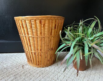 Boho Basket Planter Trash Can Wicker Woven Bohemian Planter Round Basket Rattan Bamboo Large Plant Container Vintage Basket