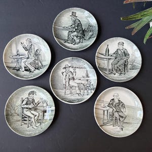 Boch Delft Coasters Set of 6 Black Gray  White Tavern Scenes Vintage Coasters