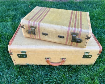 PAIR Train Case Luggage Tweed Look Hard Case Retro Storage Travel Carrier Makeup Case Vintage Retro Display Suitcase