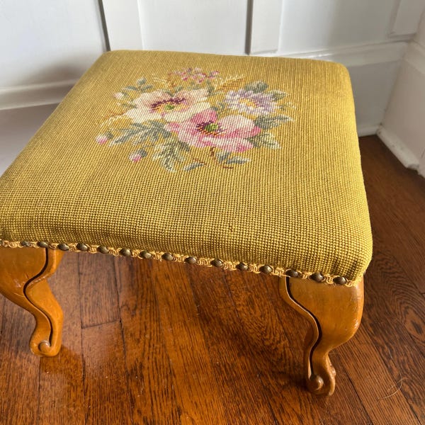 Needlepoint Floral Footstool Vintage Handmade Ottoman or Stool
