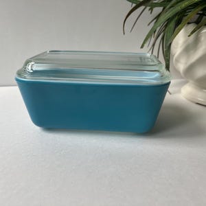 May include: A rectangular, teal-colored Pyrex dish with a clear glass lid. The dish is sitting on a white surface. A white decorative vase and green plant are in the background.