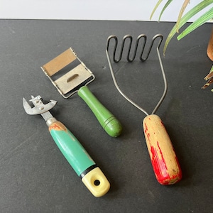 Vintage Kitchen Utensils - Red and Green Handles Assorted Farmhouse Kitchen Items - Country Cottage Home Decor