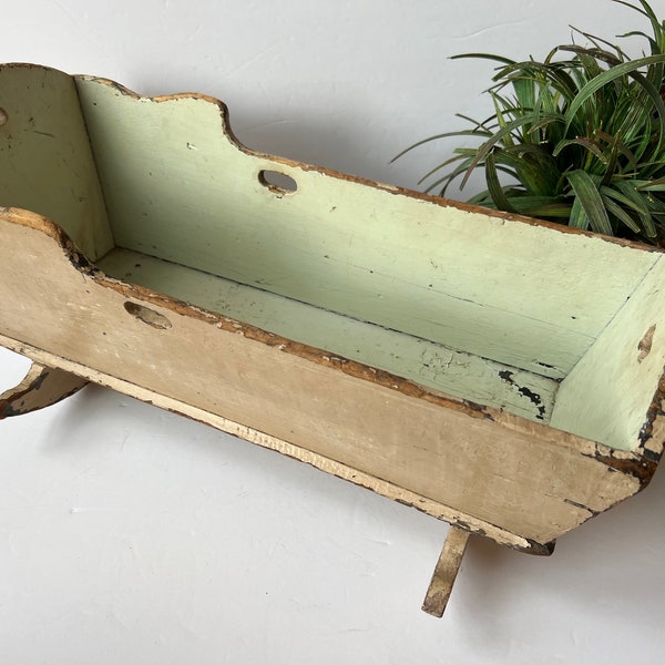 Antique Primitive Doll Cradle Hand  Crafted Wood Chippy Paint 19” Long Baby Doll Cradle