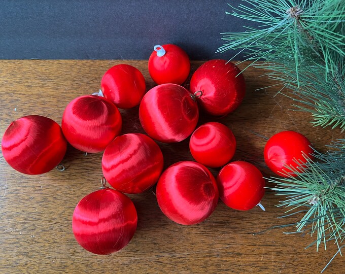 Red Satin Christmas Balls LOT of 12 Tree Ornaments Satin String Ball