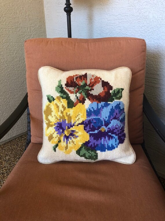 Pansy Needlepoint Pillow Floral Needlework With Velvet Etsy