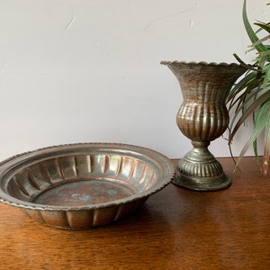Silvered Copper Bowl and Vase SET Hand Forged Copper Entry Table Trinket Catchall Coin Bowl