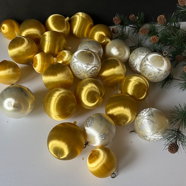Satin Christmas Balls LOT of 24 Tree Ornaments White and Gold Satin String Balls Vintage Tree Decorations