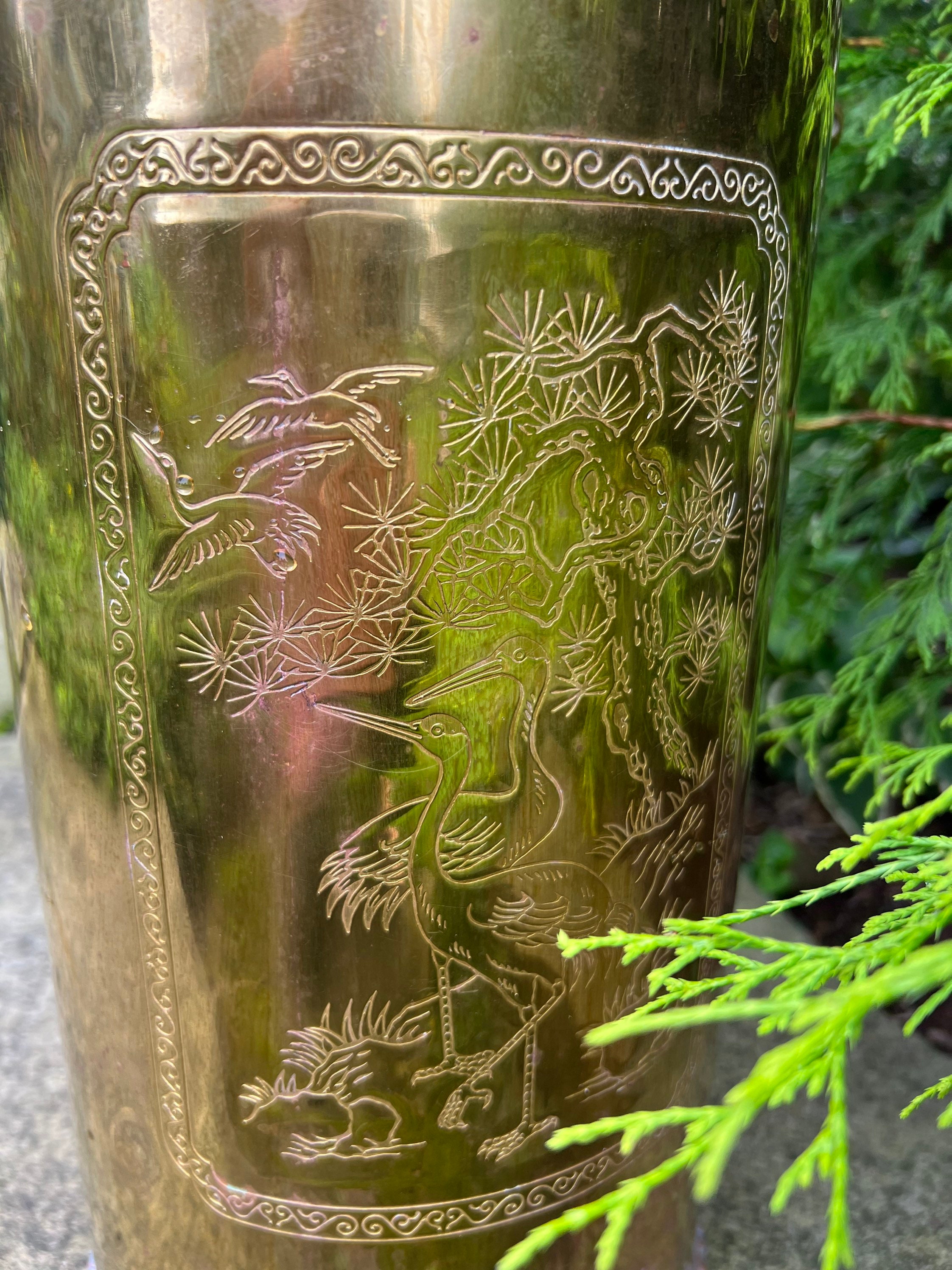 Brass Umbrella Stand Etched Scene Tall Brass Holder Foyer Etsy