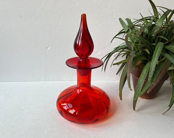 Red Orange Empoli Genie Bottle Blown Glass with Topper Mid Century Colored Bottle