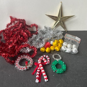 LOT Christmas Craft Tinsel Garland Vintage  Silver Red Garland and Variety Bead Ornaments