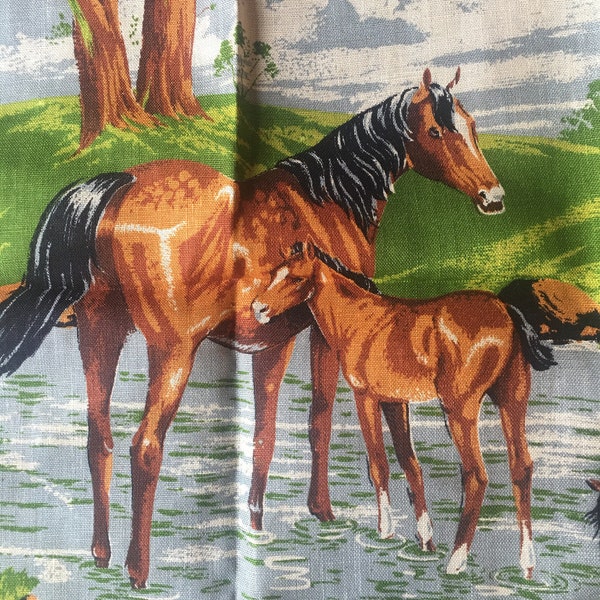 Horses Tea Towel Linen Vintage NOS Made in Ireland Mares and Foals Bay Mares Chestnut Horses Linen Tea Towel