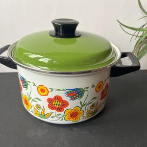 May include: A vintage enamelware cooking pot with a bright green lid and black handle. The white pot features a floral design in red, yellow, and blue. The pot has a black handle on each side and a black knob on the lid.