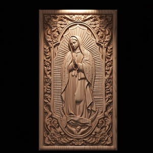 May include: A detailed wooden carving of a religious figure, possibly the Virgin Mary, in a rectangular frame. The figure is depicted with hands clasped in prayer, surrounded by a halo and floral embellishments. The carving is in a natural wood tone.